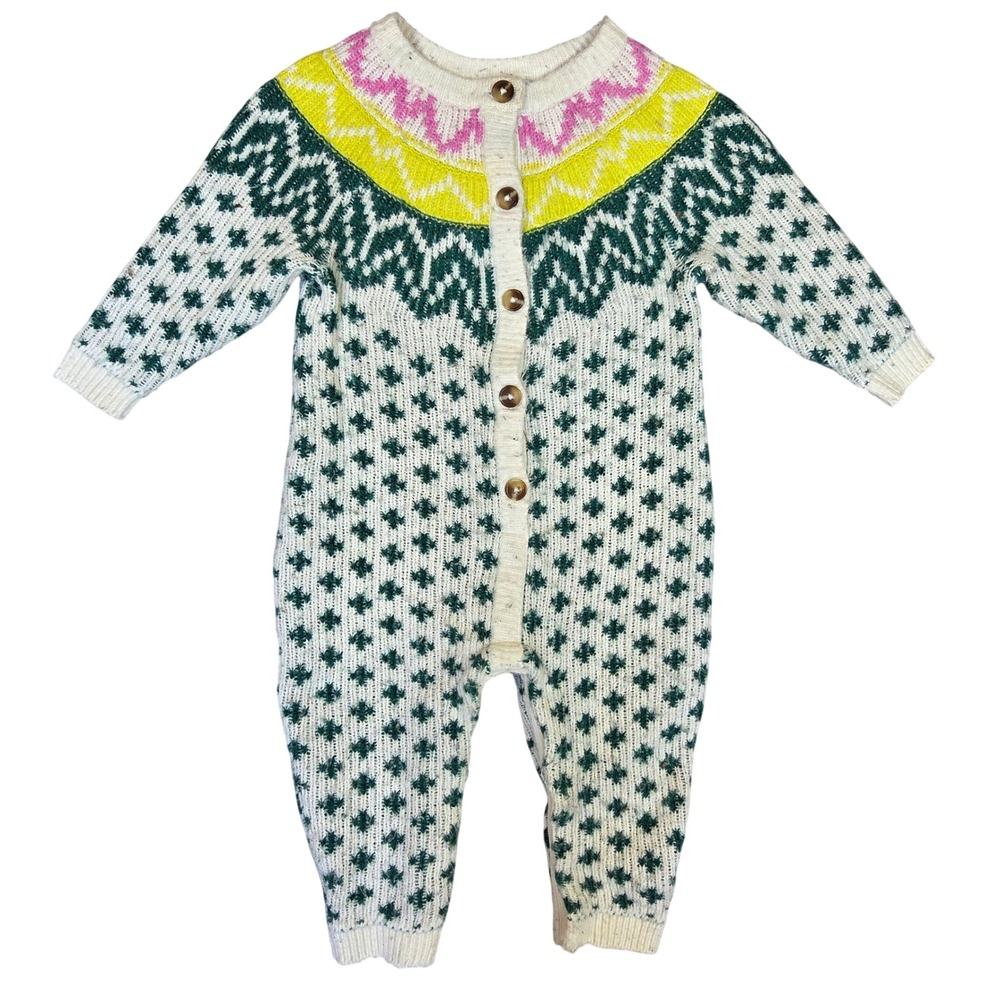 Old Navy Baby Fair Isle Knit Romper Green Yellow Pink 6-12M One-Piece Snaps